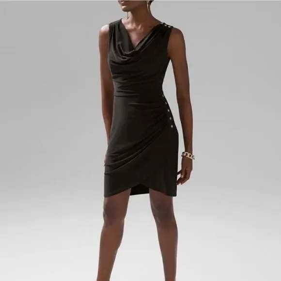 White House Black Market Black Mini Asymmetrical Ruched Sheath Dress Size 8 - Picture 2 of 10